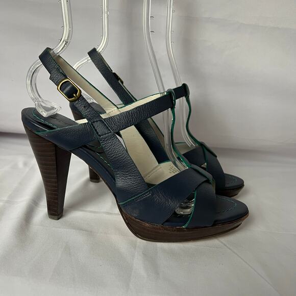 Boden Navy Blue Leather Strappy Open Toe Heels Women’s Size 38 Summer Sandal - Picture 1 of 13